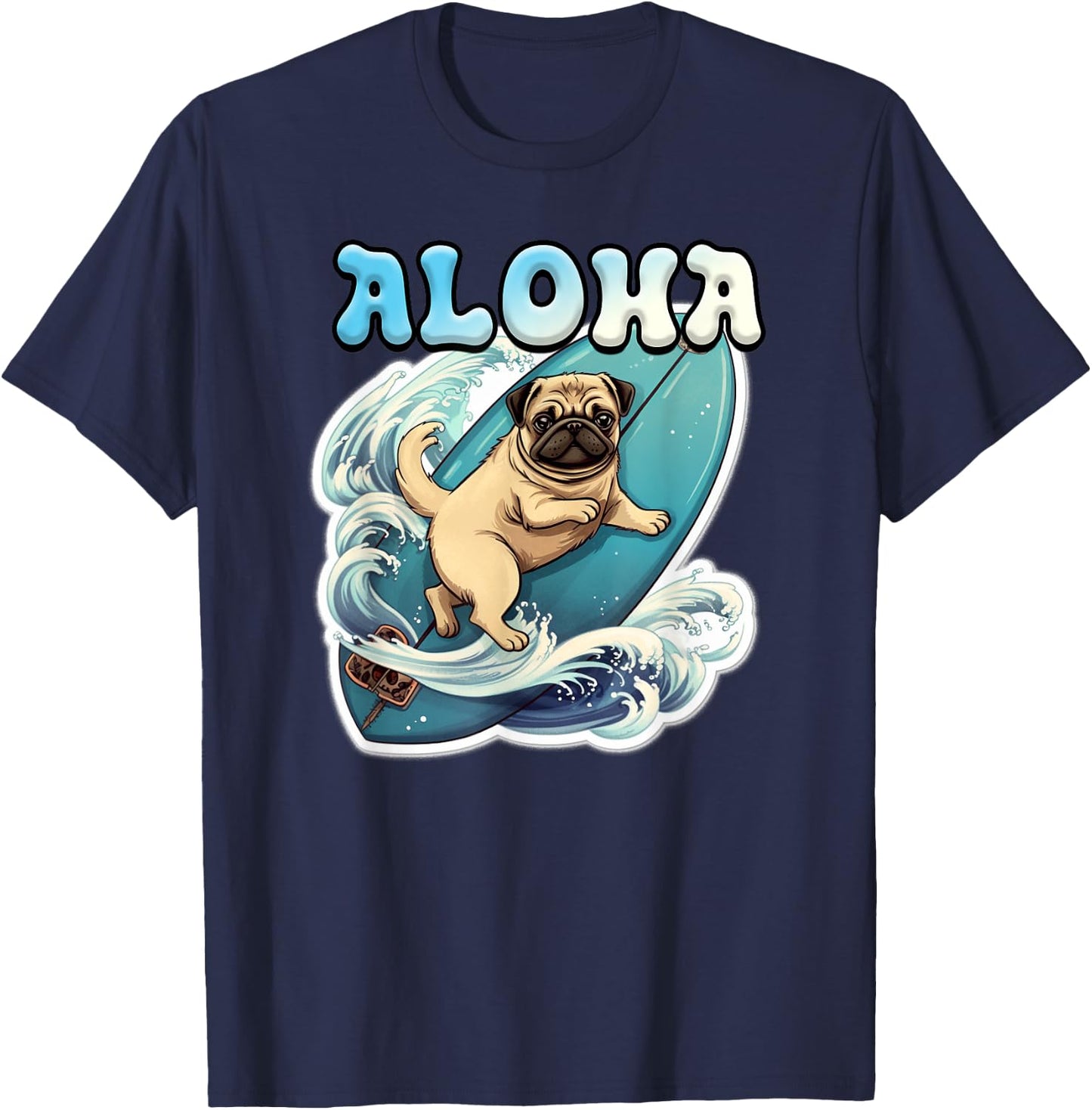 Pug Surfing - Aloha - Surf Board & Wave T-Shirt - T-Shirt | Navy