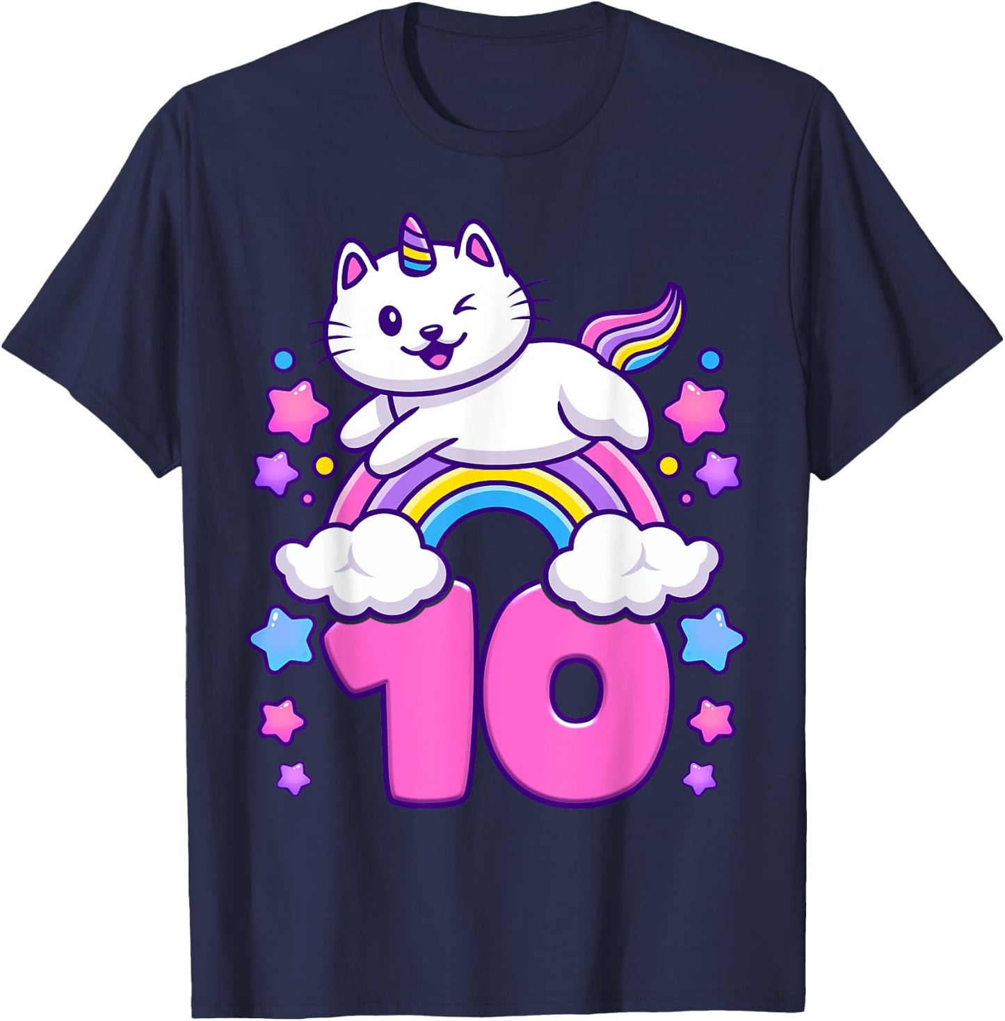 Birthday girl 10 years old, cat, unicorn, 10th birthday T-Shirt - T-Shirt | Navy