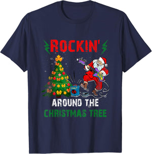 Rockin Around Christmas Tree Funny Rocker Santa Music T-Shirt - T-Shirt | Navy