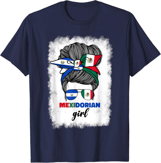 Half Mexican And Salvadorian Mexico El Salvador Flag Girl T-Shirt - T-Shirt | Navy