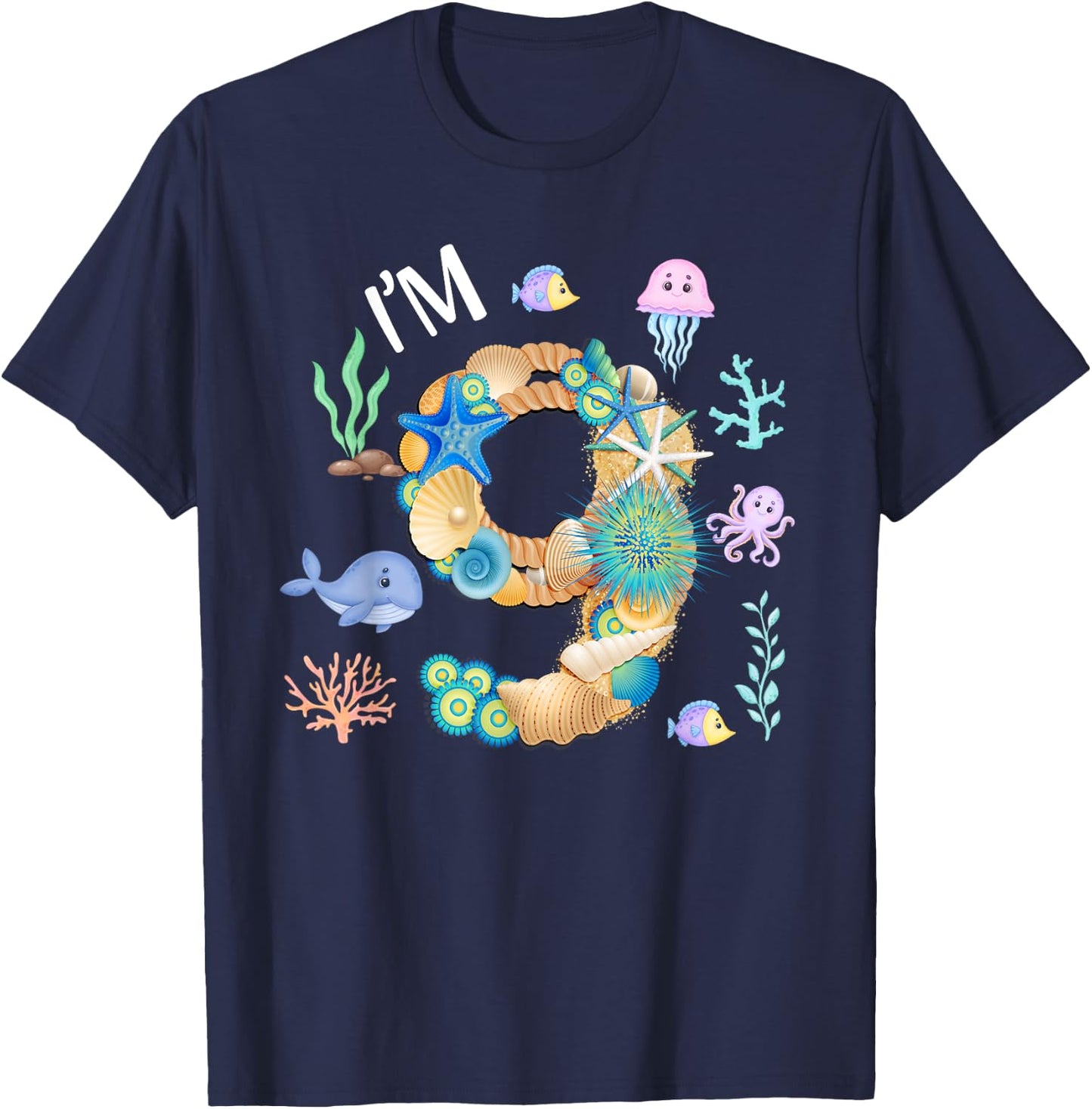 Under The Sea 9th Birthday Boy Whale Fish 9 Year Old Bday T-Shirt - T-Shirt | Navy