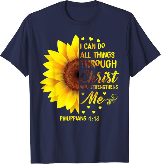 Christian I Can Do All Things Through Christ Bible Sunflower T-Shirt - T-Shirt | Navy