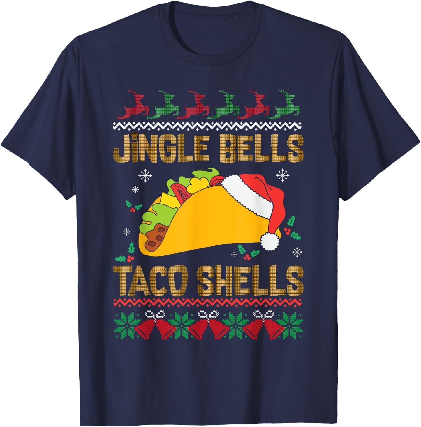 Ugly Christmas Fast Food Joke Jingle Bells Taco Shells T-Shirt - T-Shirt | Navy