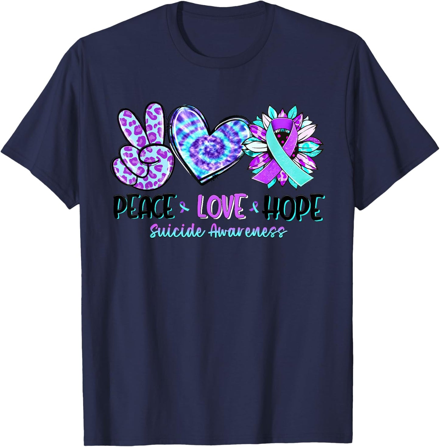 Peace Love Hope Sunflower Leopard Suicide Awareness Gifts T-Shirt - T-Shirt | Navy