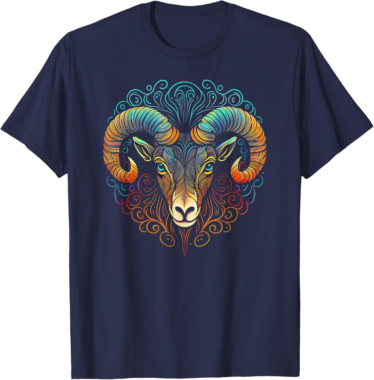 Ram Face and Head Colorful Mandala Pattern - Ram T-Shirt - T-Shirt | Navy