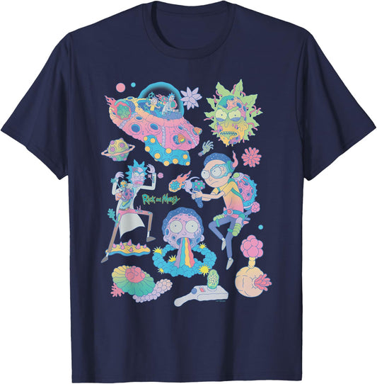 Rick and Morty Space Cruiser Pastel Alien Cartoon Fashion T-Shirt - T-Shirt | Navy