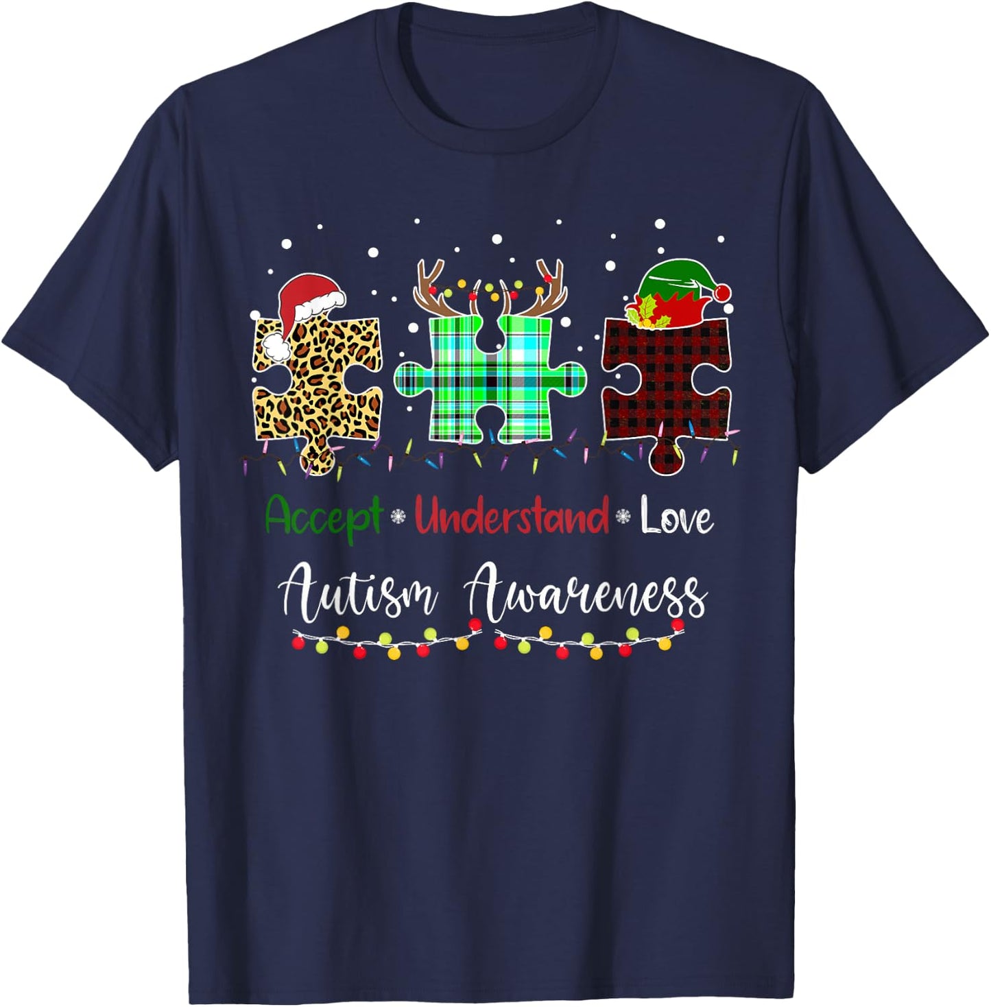 Accept Understand Love Autism Awareness Puzzle Christmas T-Shirt - T-Shirt | Navy