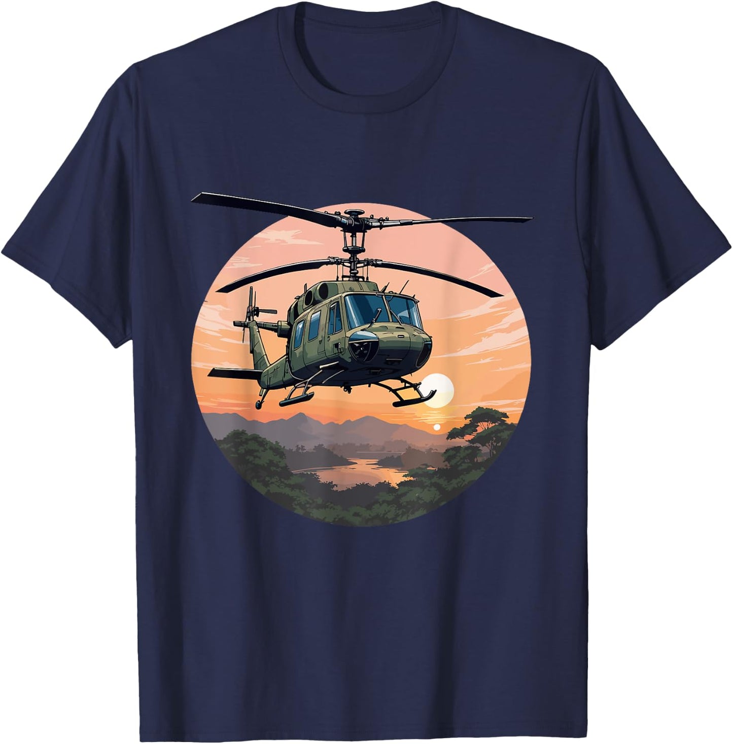 UH-1 Huey Helicopter Vintage Sunset Vietnam Chopper T-Shirt - T-Shirt | Navy