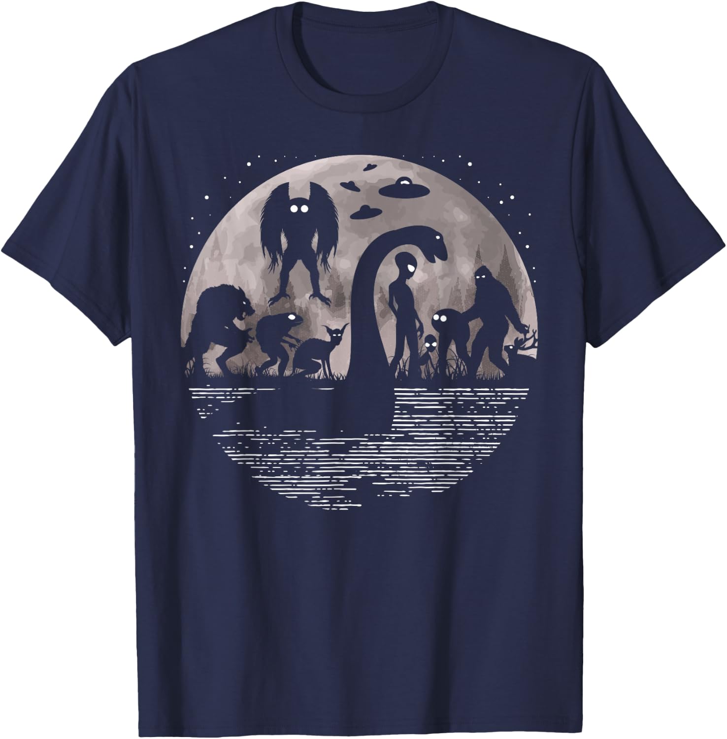 Bigfoot Loch Ness Monster Mothman And Aliens! Funny Cryptid T-Shirt - T-Shirt | Navy