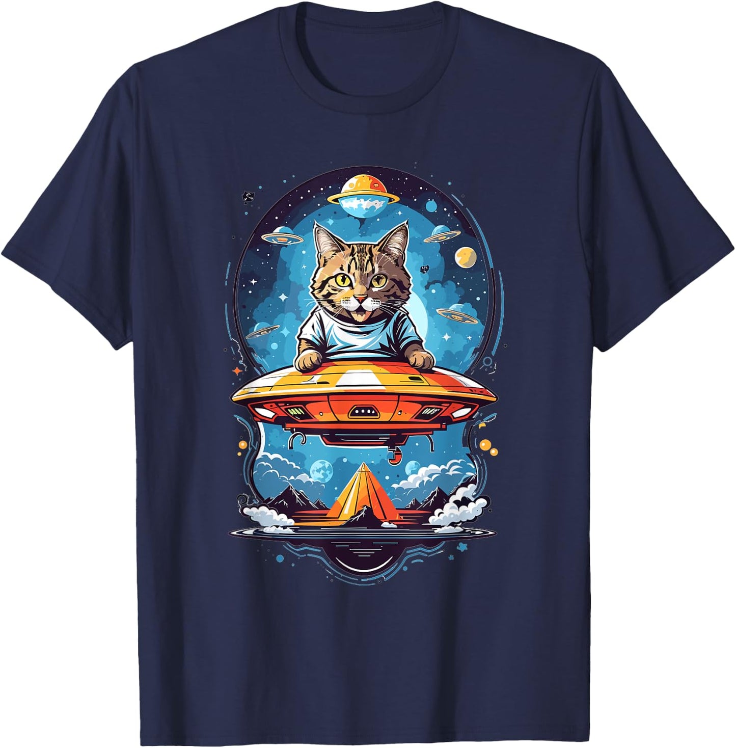 Aliens and UFO Cats Cute Cat Abducted By UFO Graphic - Black - -Adults/Kids - Short Sleeve - Small - Classic Fit - Cotton 50% Polyester 50% T-Shirt - T-Shirt | Navy