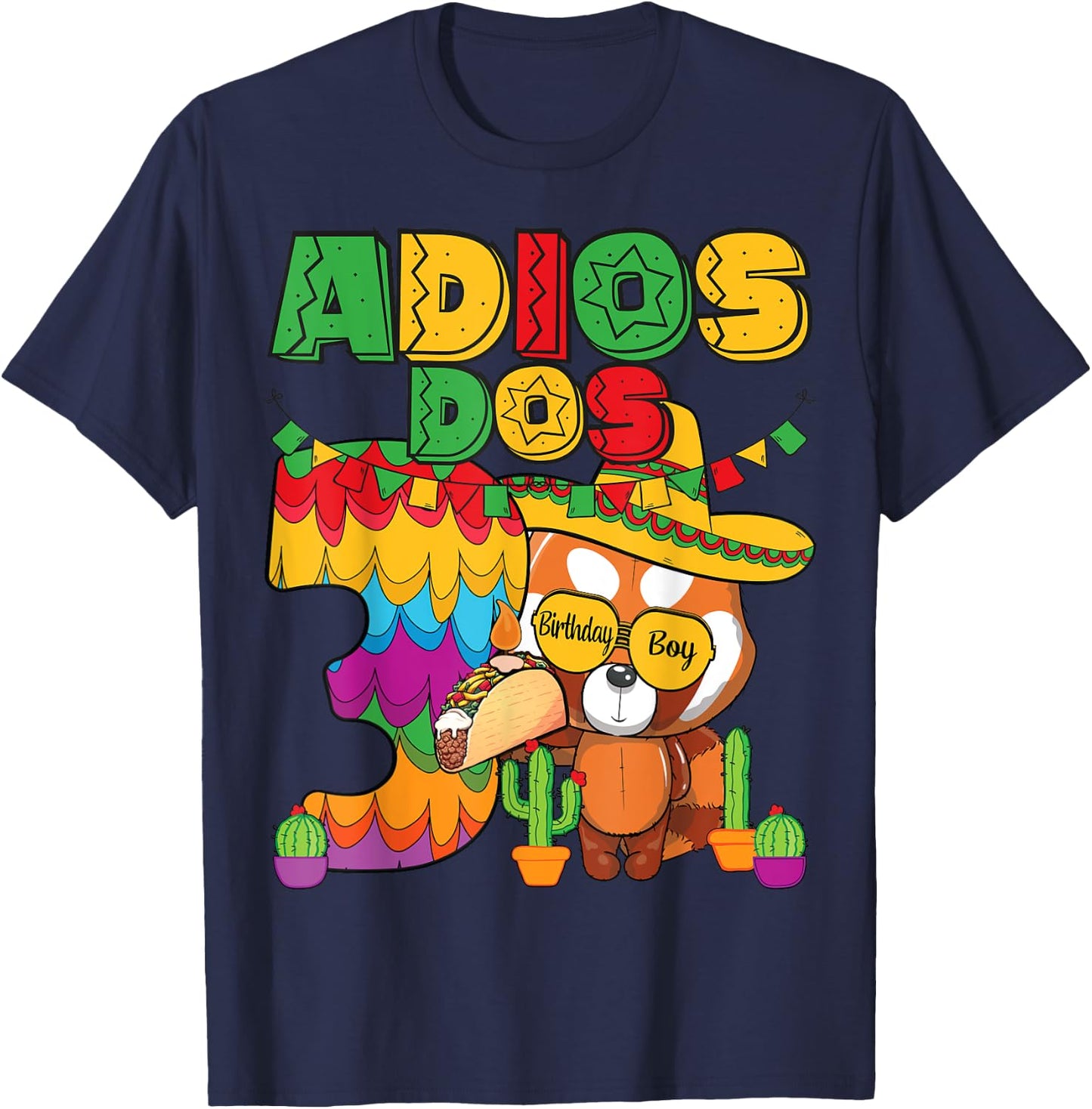Adios Dos 3 Year Old Boys Birthday Mexican Fiesta Theme T-Shirt - T-Shirt | Navy