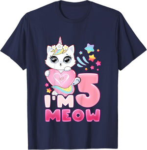 Birthday girl 5 years old, cat, unicorn, 5th birthday T-Shirt - T-Shirt | Navy