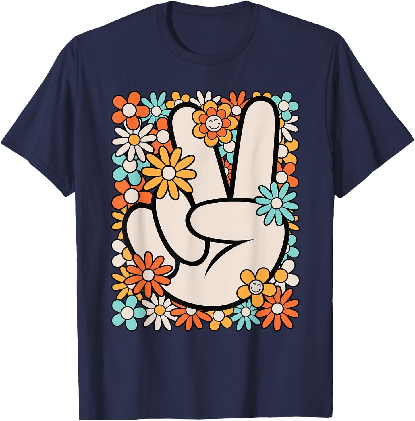 Hippie Peace Hand Sign Groovy Flower 60s 70s Men Women Kids T-Shirt - T-Shirt | Navy