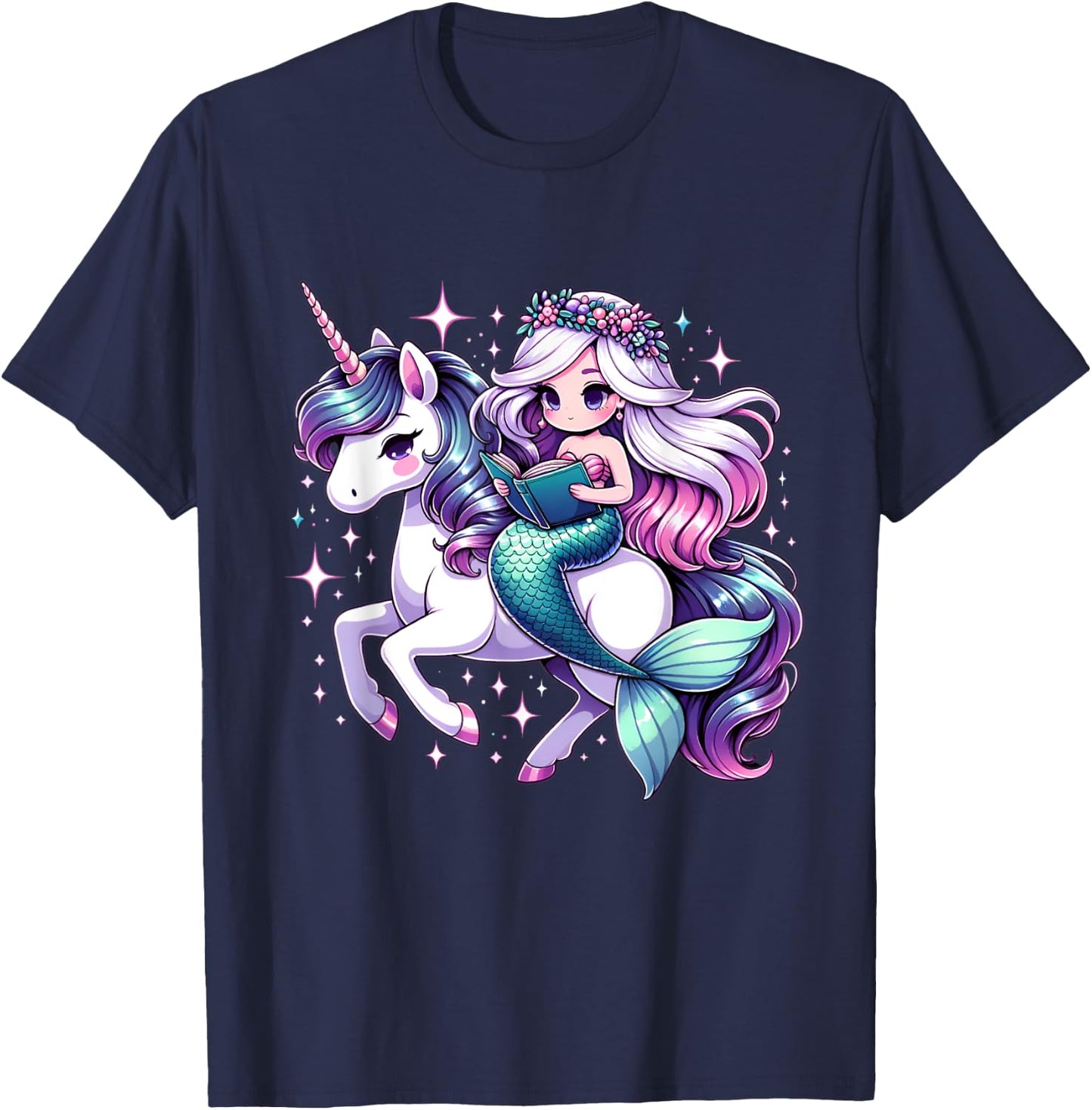 Unicorn kisses Mermaid wishes | reading books Birthday Girl T-Shirt - T-Shirt | Navy