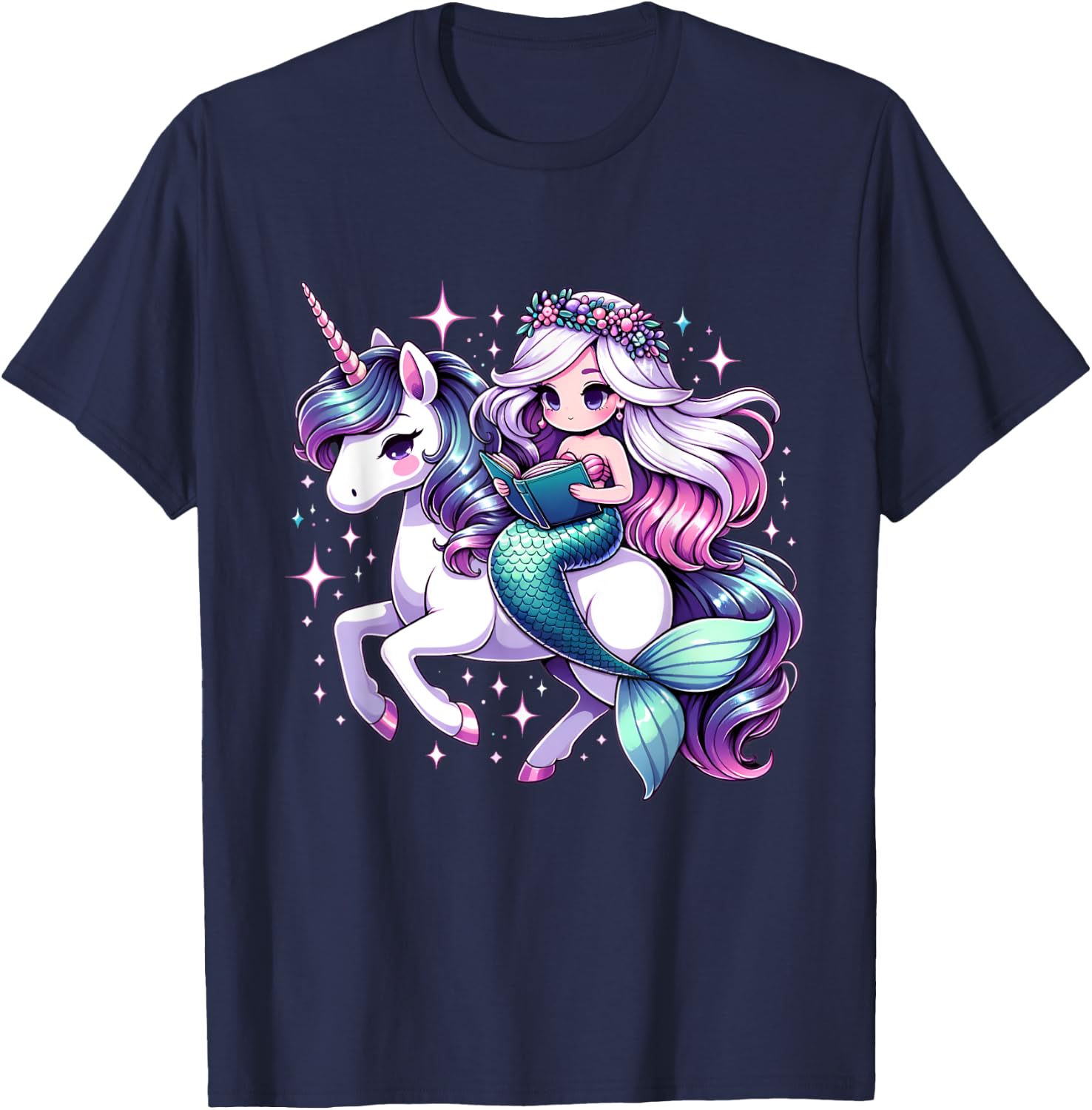Unicorn kisses Mermaid wishes | reading books Birthday Girl T-Shirt - T-Shirt | Navy