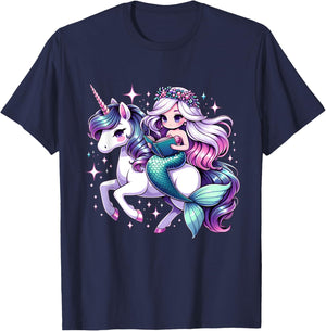 Unicorn kisses Mermaid wishes | reading books Birthday Girl T-Shirt - T-Shirt | Navy