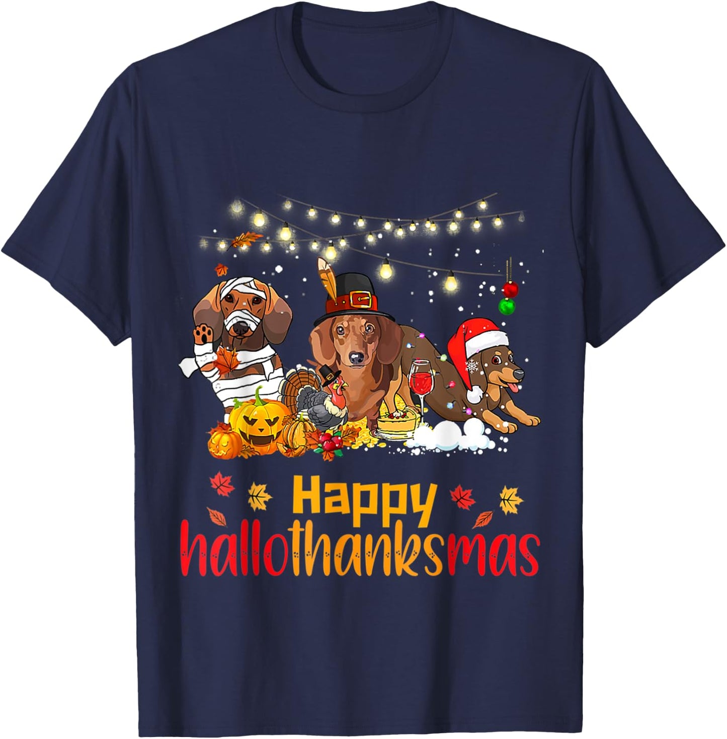 Halloween Christmas Happy Hallothanksmas Dachshund Dog Lover T-Shirt - T-Shirt | Navy