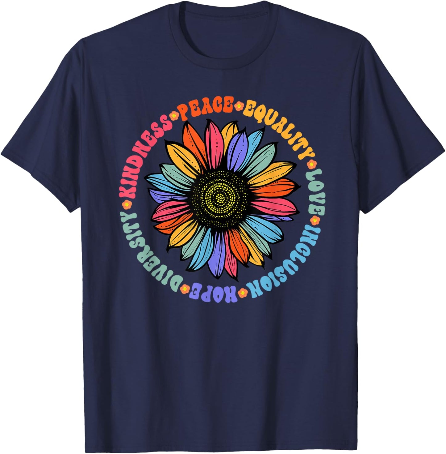 World Peace Supporter Sunflower Floral Outfit Kindness Peace Equality Love Hope Diversity Human Rights Black Floral Sunflower Pattern T-Shirt - T-Shirt | Navy