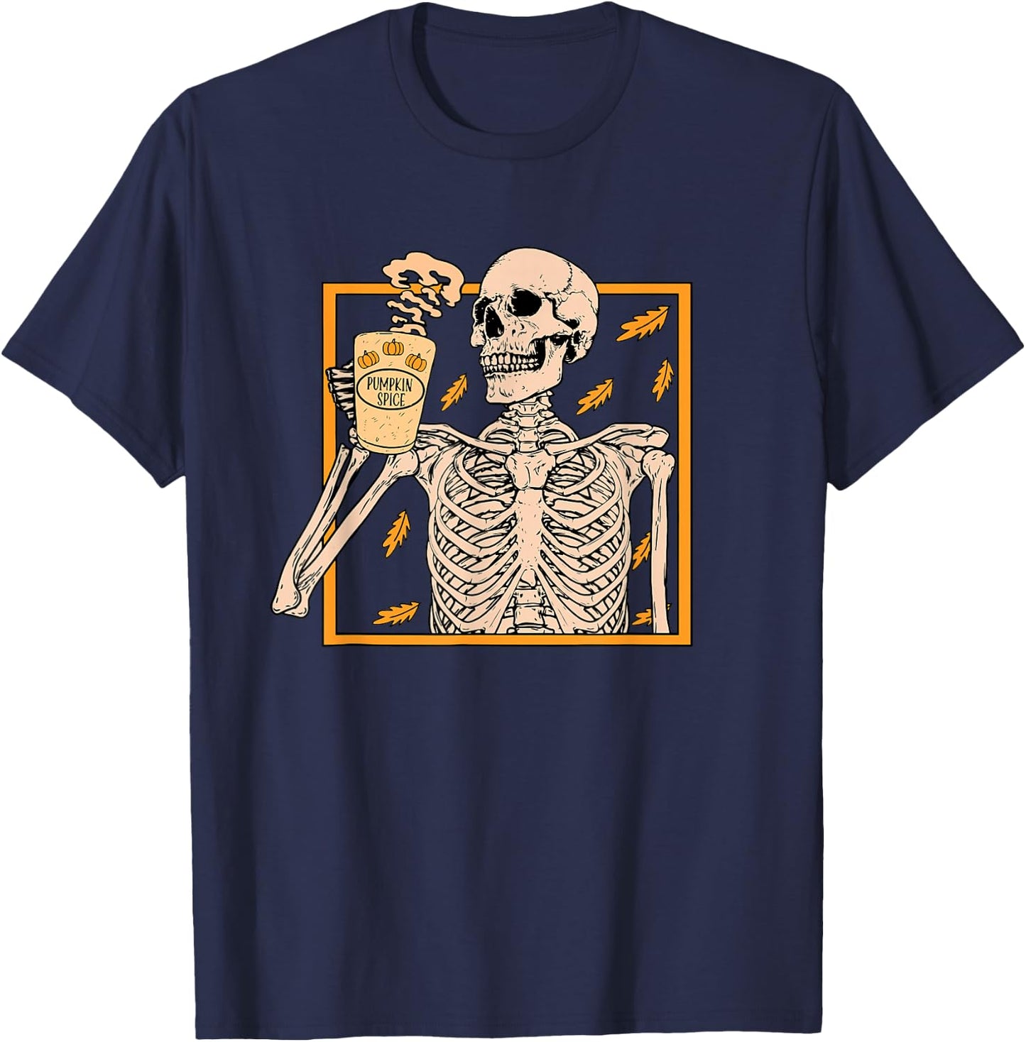 Skeleton Drinking Coffee Pumpkin Spice Latte Autumn Coffee T-Shirt - T-Shirt | Navy