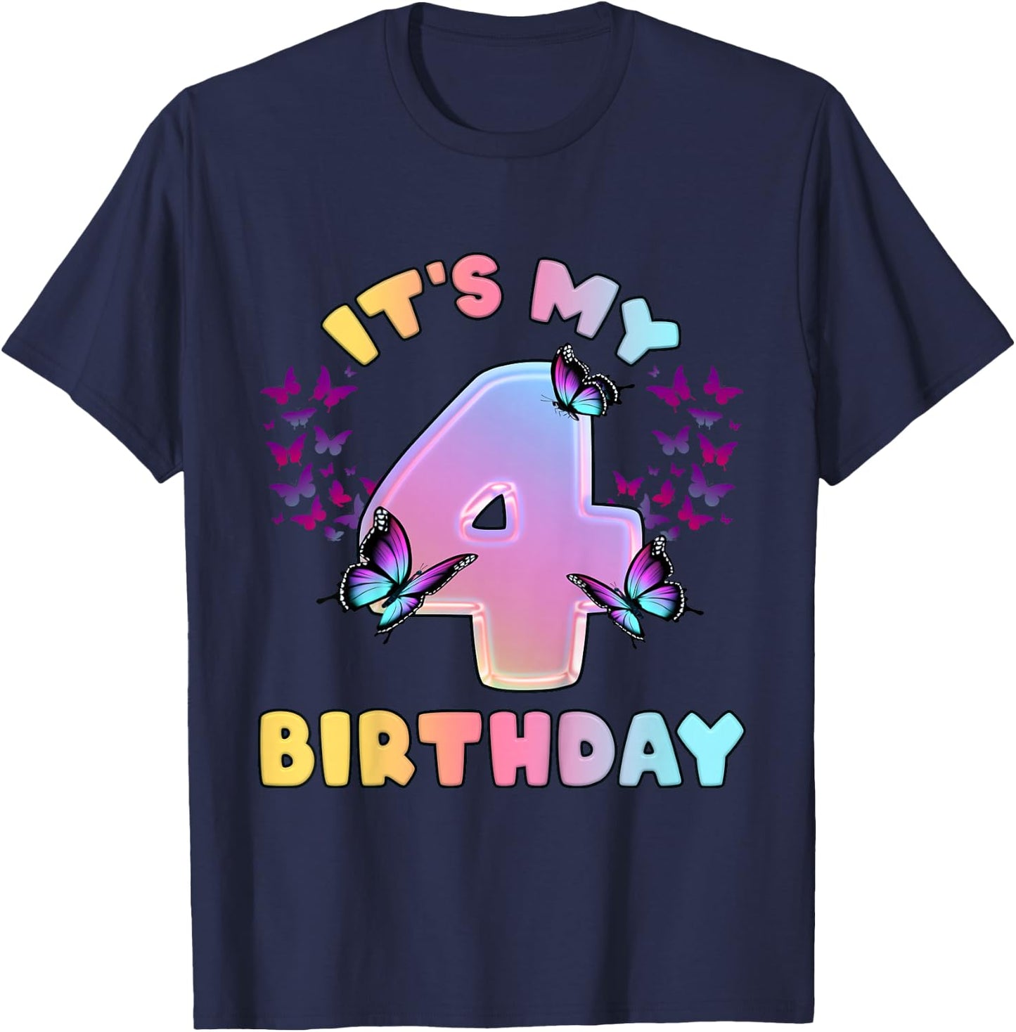 Birthday Girl 4 Years Old Butterfly T-Shirt - T-Shirt | Navy