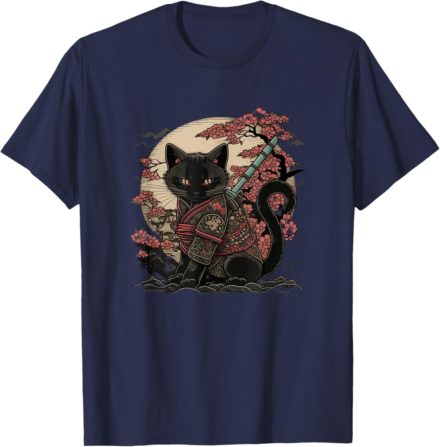 Japanese Samurai Cat Tattoo, Vintage Kawaii Ninja T-Shirt - T-Shirt | Navy
