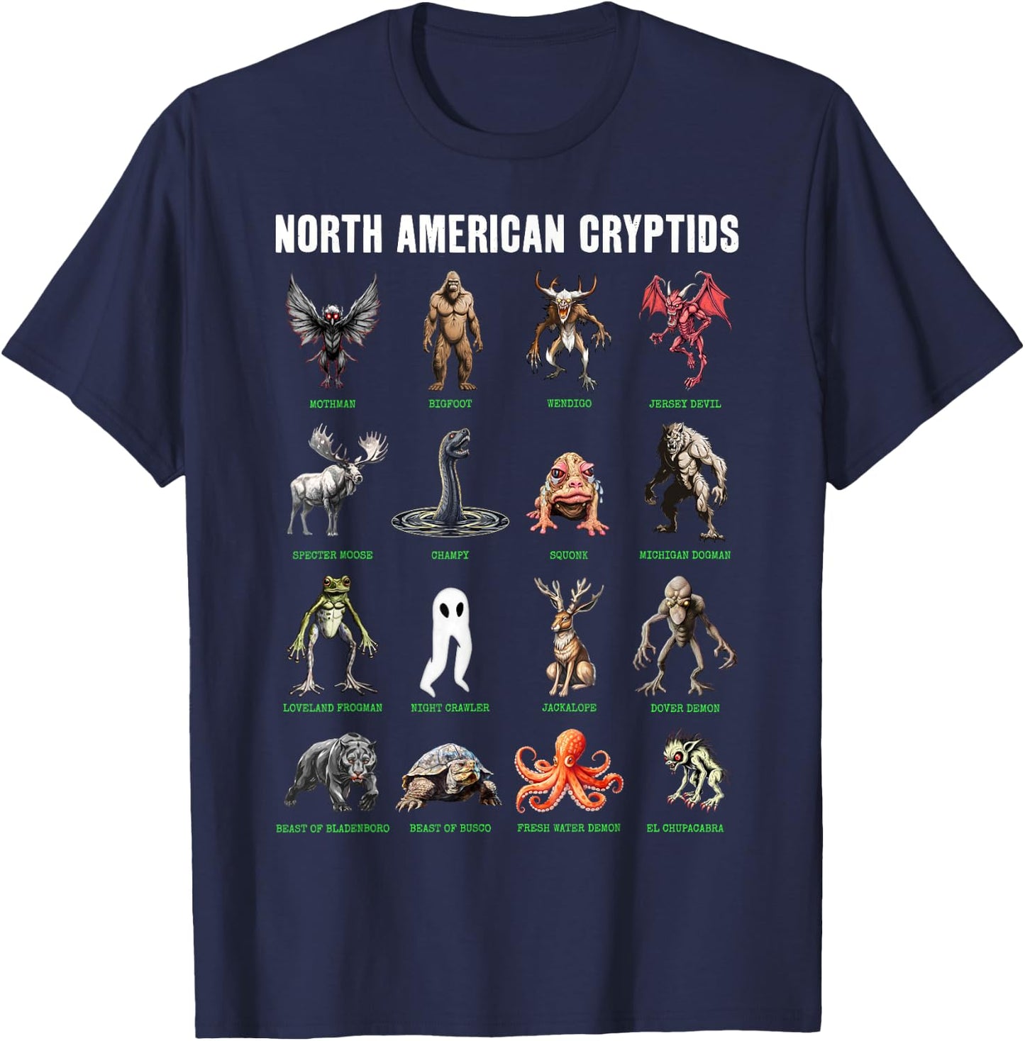 North American Cryptids Cryptozoology T-Shirt - T-Shirt | Navy