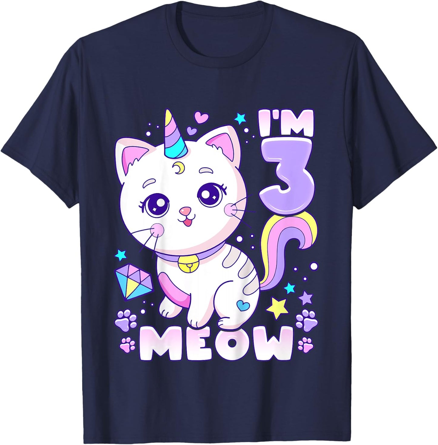 Birthday girl 3 years old, cat, unicorn, 3rd birthday T-Shirt - T-Shirt | Navy