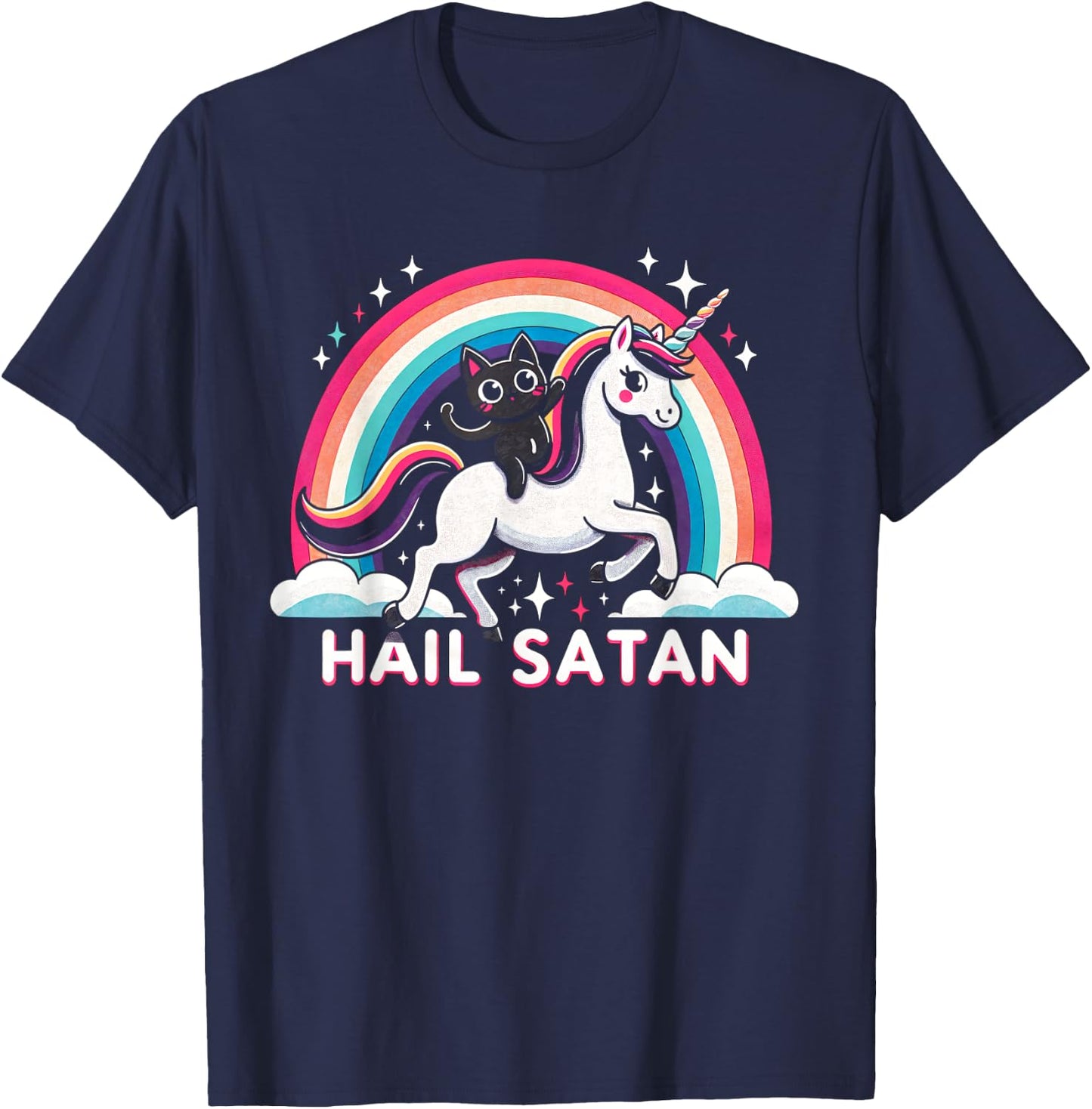 Cute Satanic Cat Riding A Unicorn Over A Rainbow Hail Satan Men Women Kids T-Shirt - T-Shirt | Navy