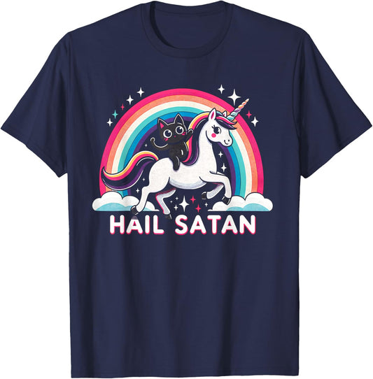 Cute Satanic Cat Riding A Unicorn Over A Rainbow Hail Satan Men Women Kids T-Shirt - T-Shirt | Navy