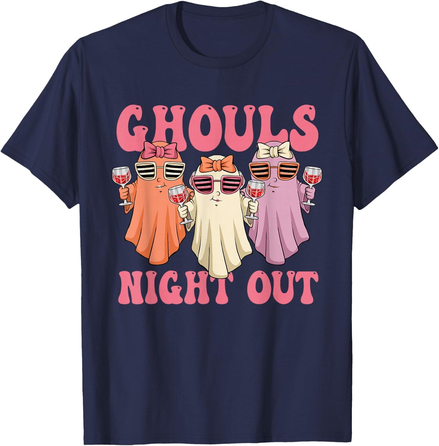 Ghouls Night Out Spooky Women Halloween Party Wine Ghosts T-Shirt - T-Shirt | Navy