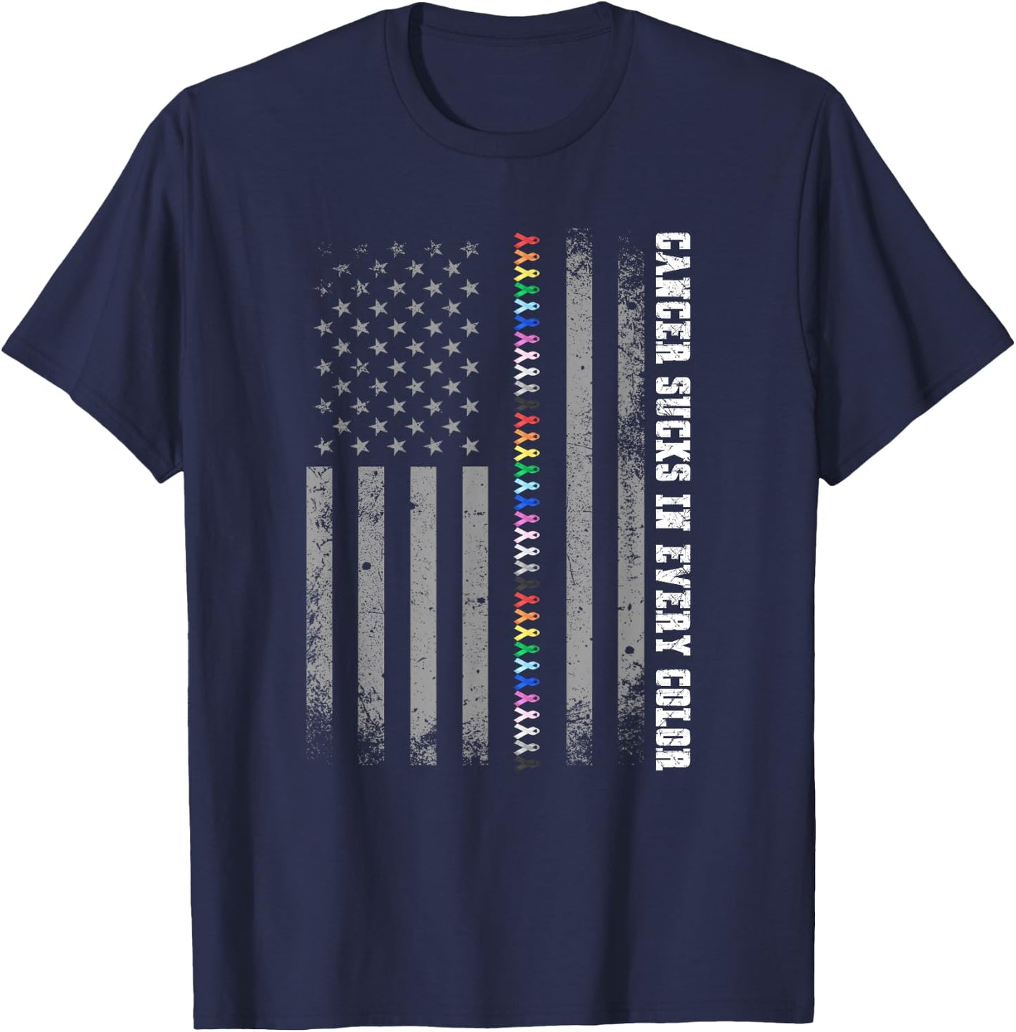 Cancer Sucks In Every Color Fighter American Flag Ribbons T-Shirt - T-Shirt | Navy