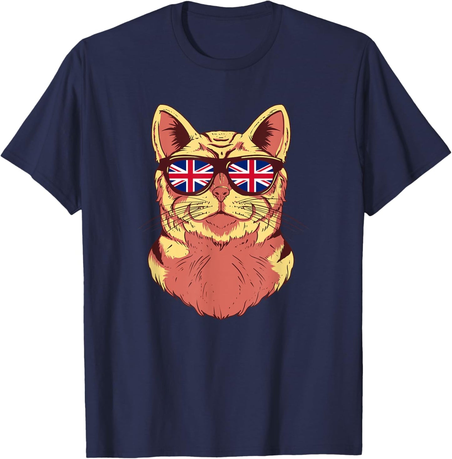 United Kingdom Flag British Cat Sunglasses Funny Cat Lover Men Women Kids T-Shirt - T-Shirt | Navy