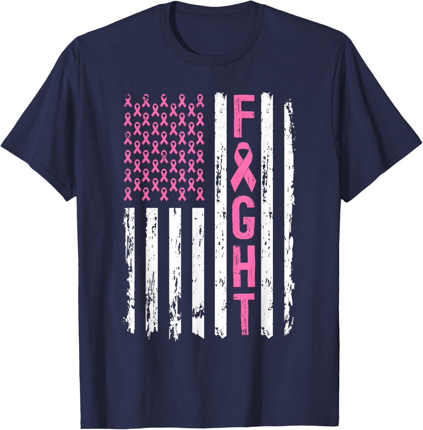 Fight Breast Survivor American Flag Breast Cancer Awarenes T-Shirt - T-Shirt | Navy