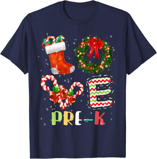 Love Pre-K Christmas Teacher T-Shirt - T-Shirt | Navy