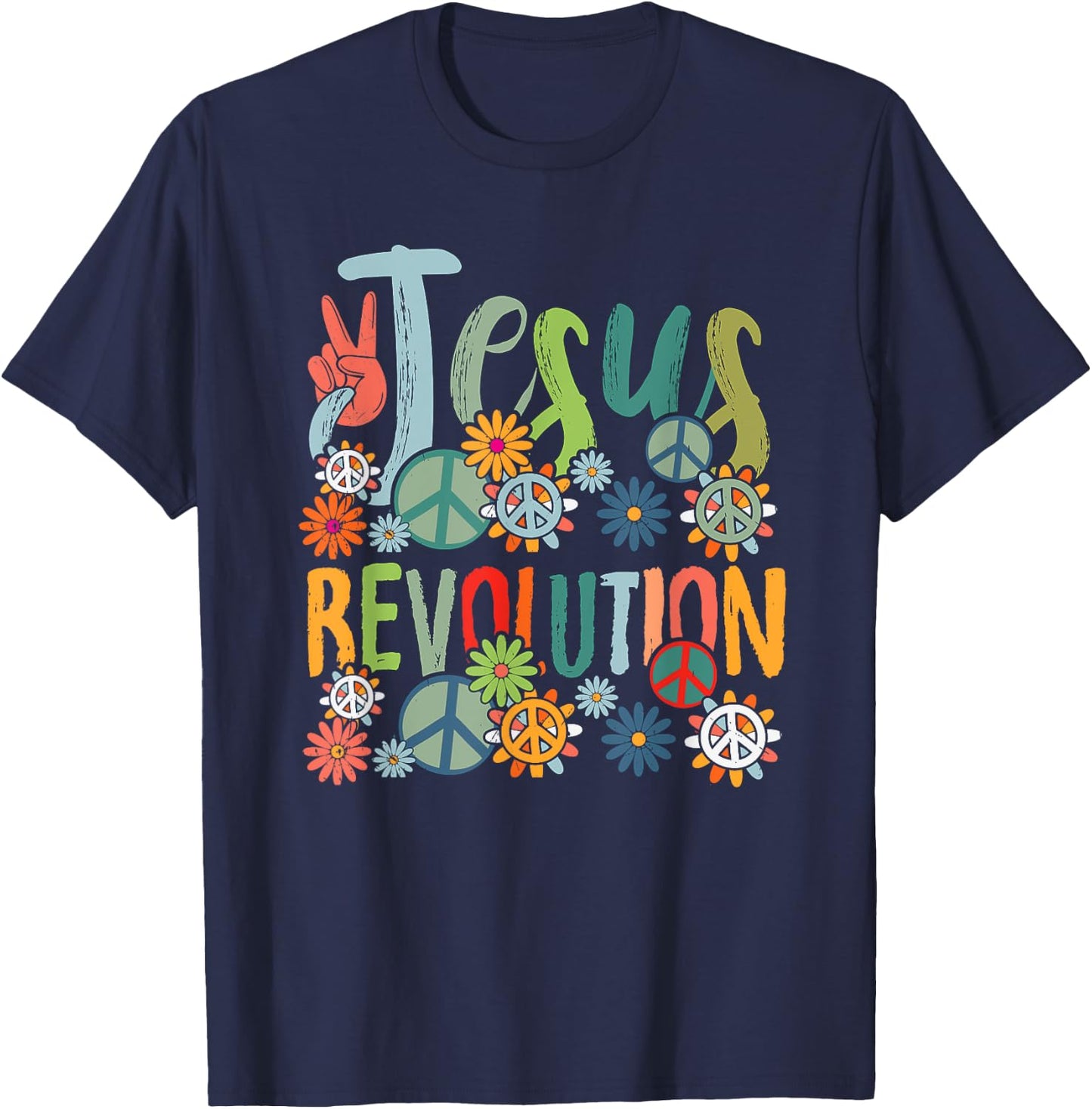 Jesus Revolution Faith Retro Groovy Flower Peace Sign T-Shirt - T-Shirt | Navy