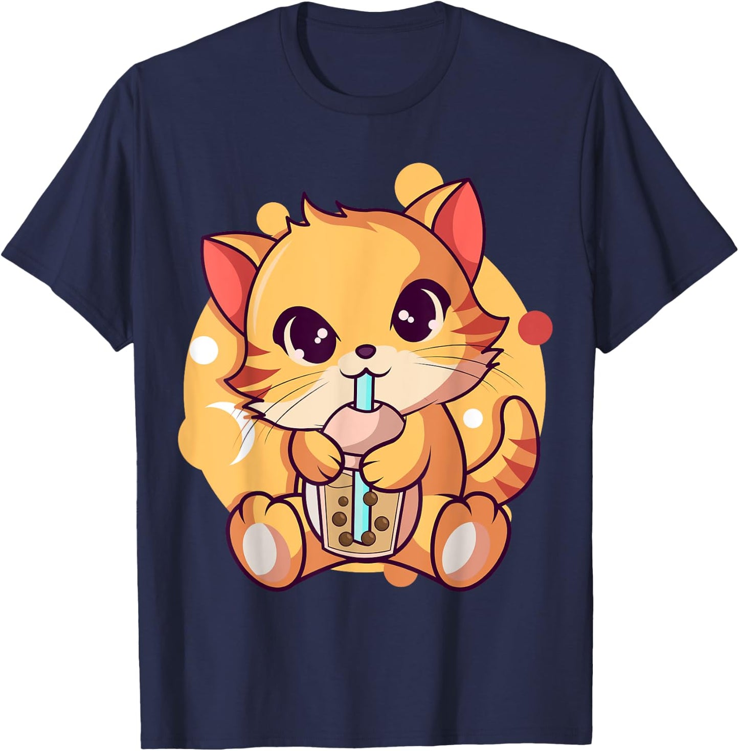 Kawaii Anime Cat Drinking Boba Tea Cat Bubble Tea Women Girls Kids T-Shirt - T-Shirt | Navy