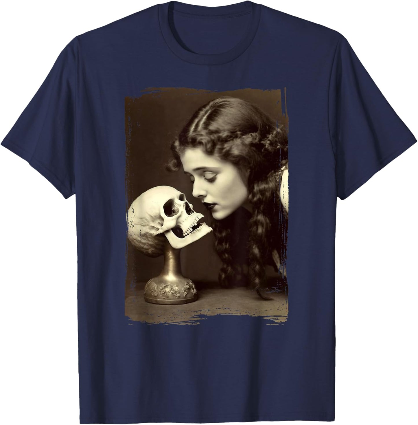 Vintage Witch Sorceress Skeleton Skull Kiss 1910 Photography T-Shirt - T-Shirt | Navy