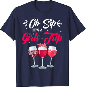 Wine Glasses Funny Oh Sip It's A Girls Trip Leopard Print T-Shirt - T-Shirt | Navy