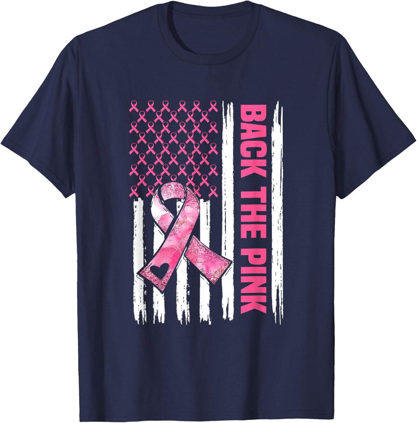 Back The Pink Warrior Flag American Breast Cancer Awareness T-Shirt - T-Shirt | Navy