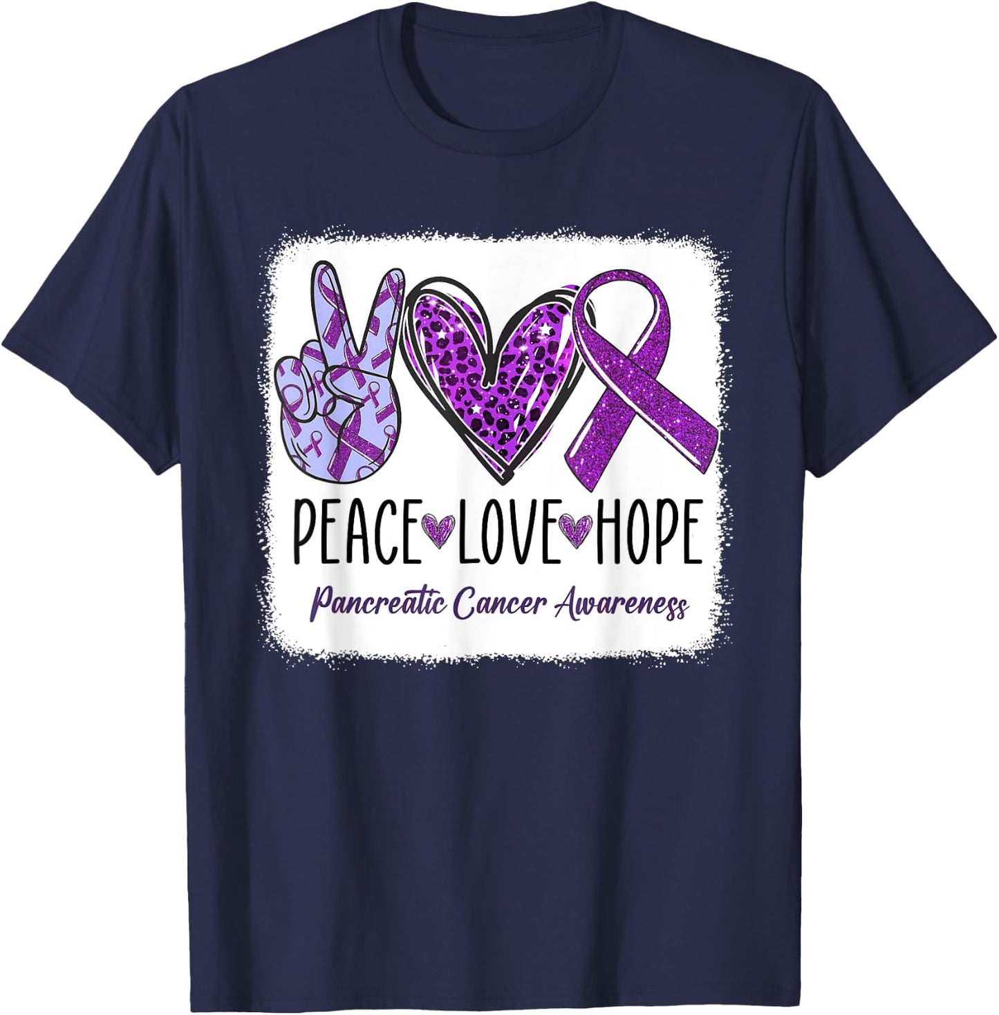 Peace Love Hope Ribbon Purple Pancreatic Cancer Awareness T-Shirt - T-Shirt | Navy