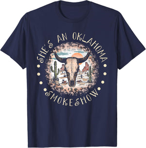 She's An Oklahoma-Smokeshow Western Country Music Bull-Skull T-Shirt - T-Shirt | Navy