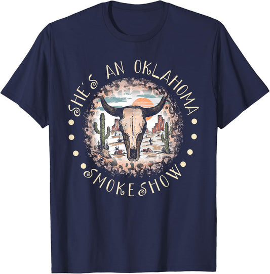She's An Oklahoma-Smokeshow Western Country Music Bull-Skull T-Shirt - T-Shirt | Navy
