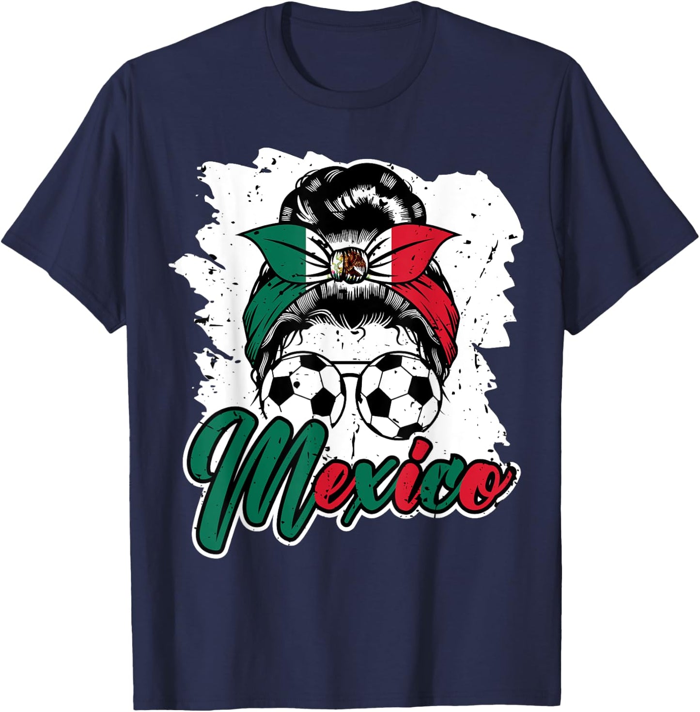 Soccer Mexico Messy Bun Mexican Flag Football Girls Women T-Shirt - T-Shirt | Navy