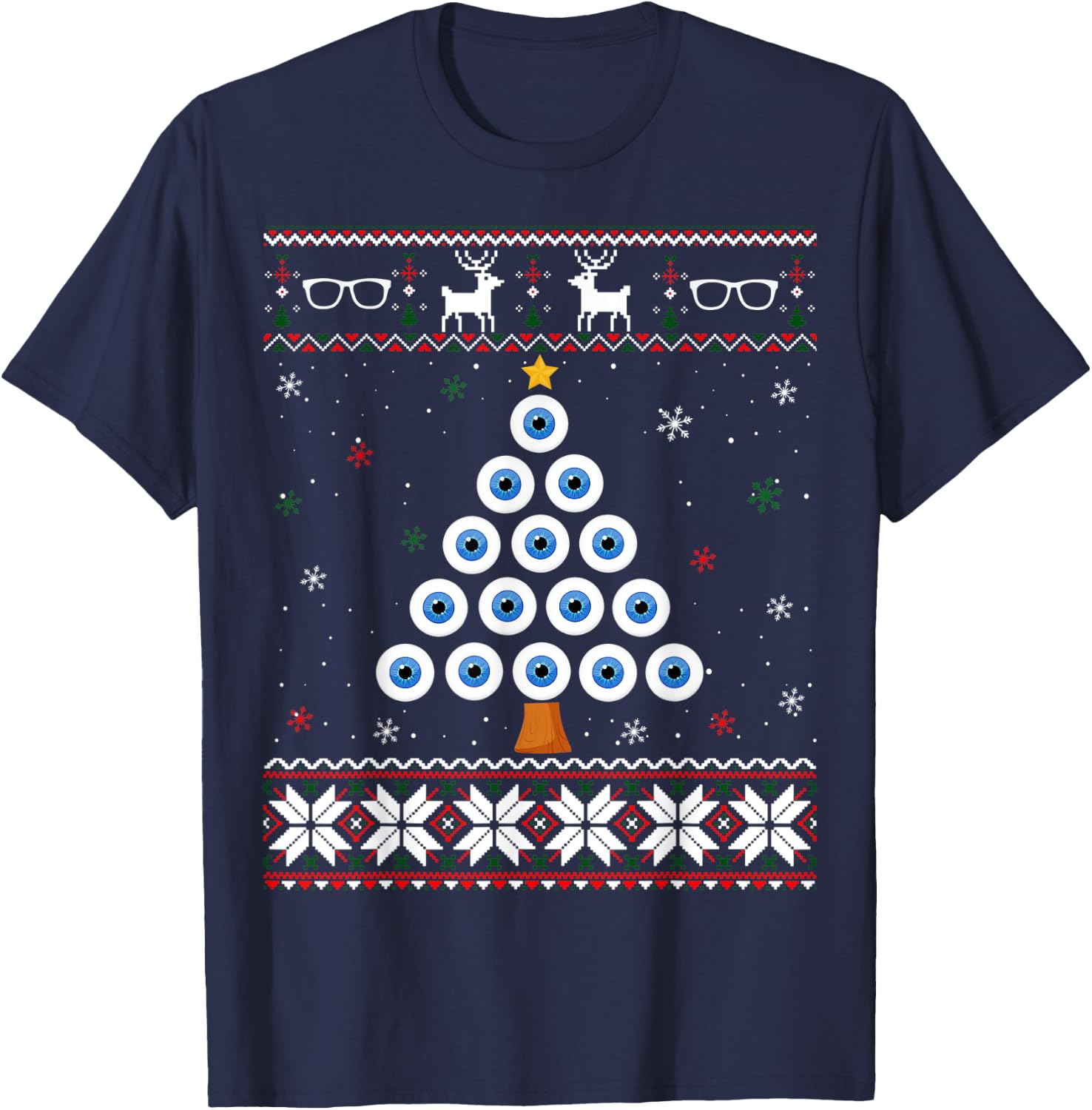 Eye Ball Christmas Tree Optometry Ugly Xmas Sweater T-Shirt - T-Shirt | Navy