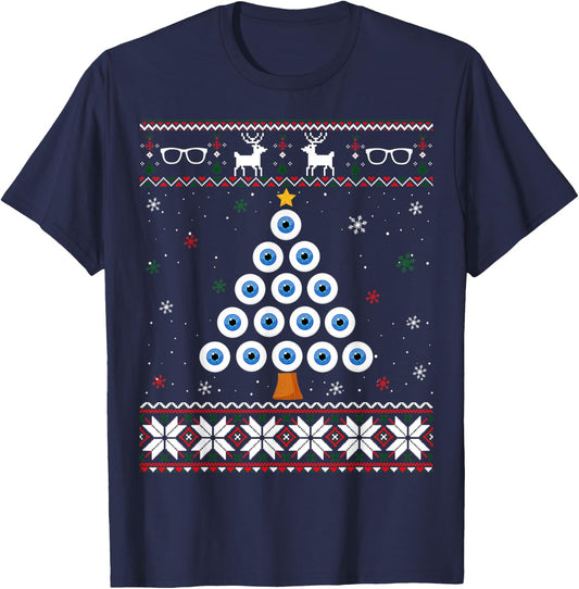 Eye Ball Christmas Tree Optometry Ugly Xmas Sweater T-Shirt - T-Shirt | Navy