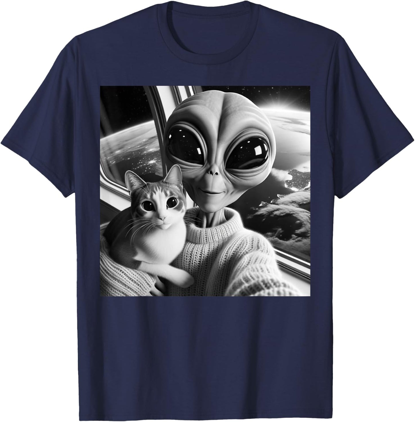 Cute Alien Cat Selfie Funny UFO Earth Photo Women Girls Kids T-Shirt - T-Shirt | Navy