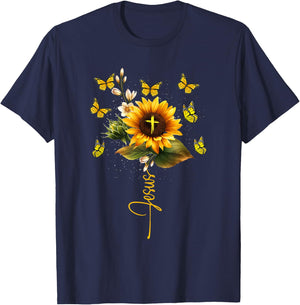 Sunflower Jesus Cross Butterflies Art Religious Christian T-Shirt - T-Shirt | Navy