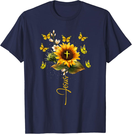 Sunflower Jesus Cross Butterflies Art Religious Christian T-Shirt - T-Shirt | Navy