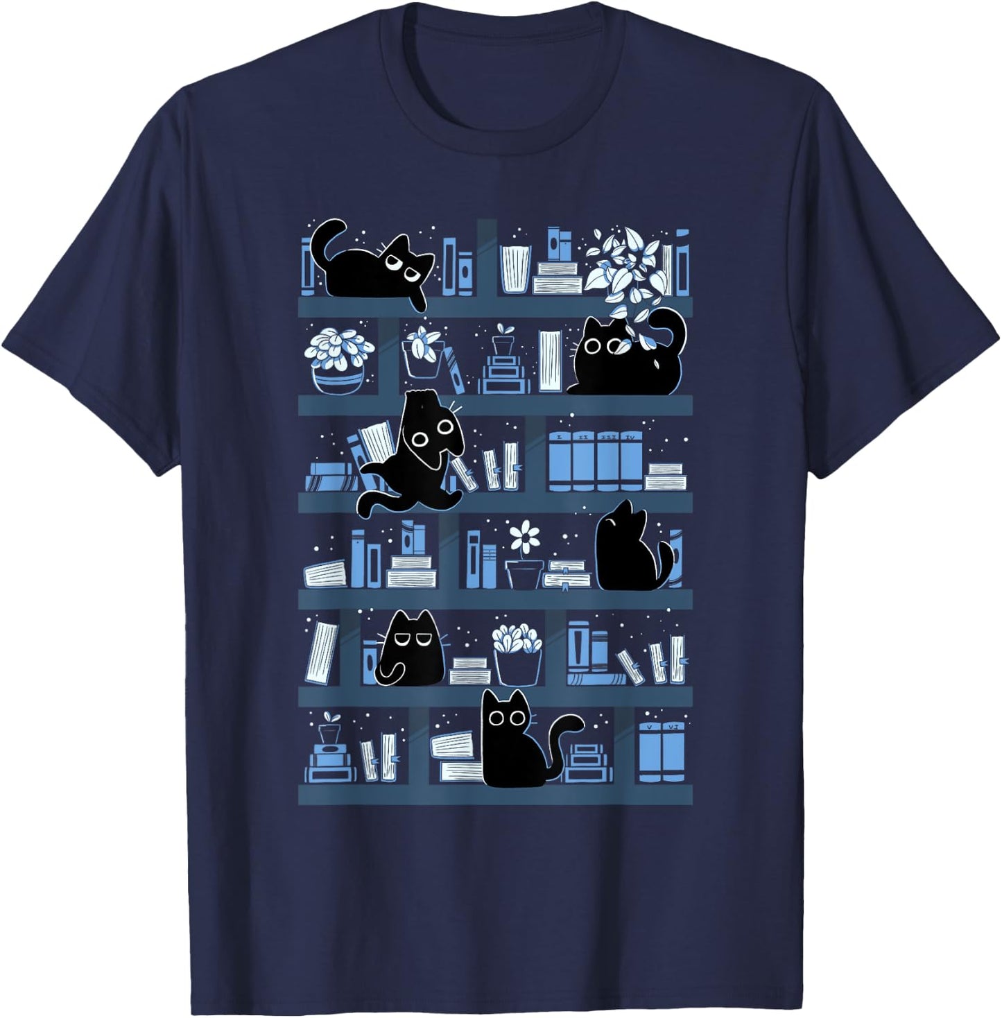 Purrfect Library Cats On A Bookshelf Cute Book Reader T-Shirt - T-Shirt | Navy