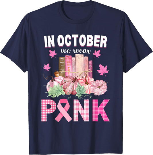 We Wear Pink Library Crew Fall Halloween Breast Cancer Books T-Shirt - T-Shirt | Navy